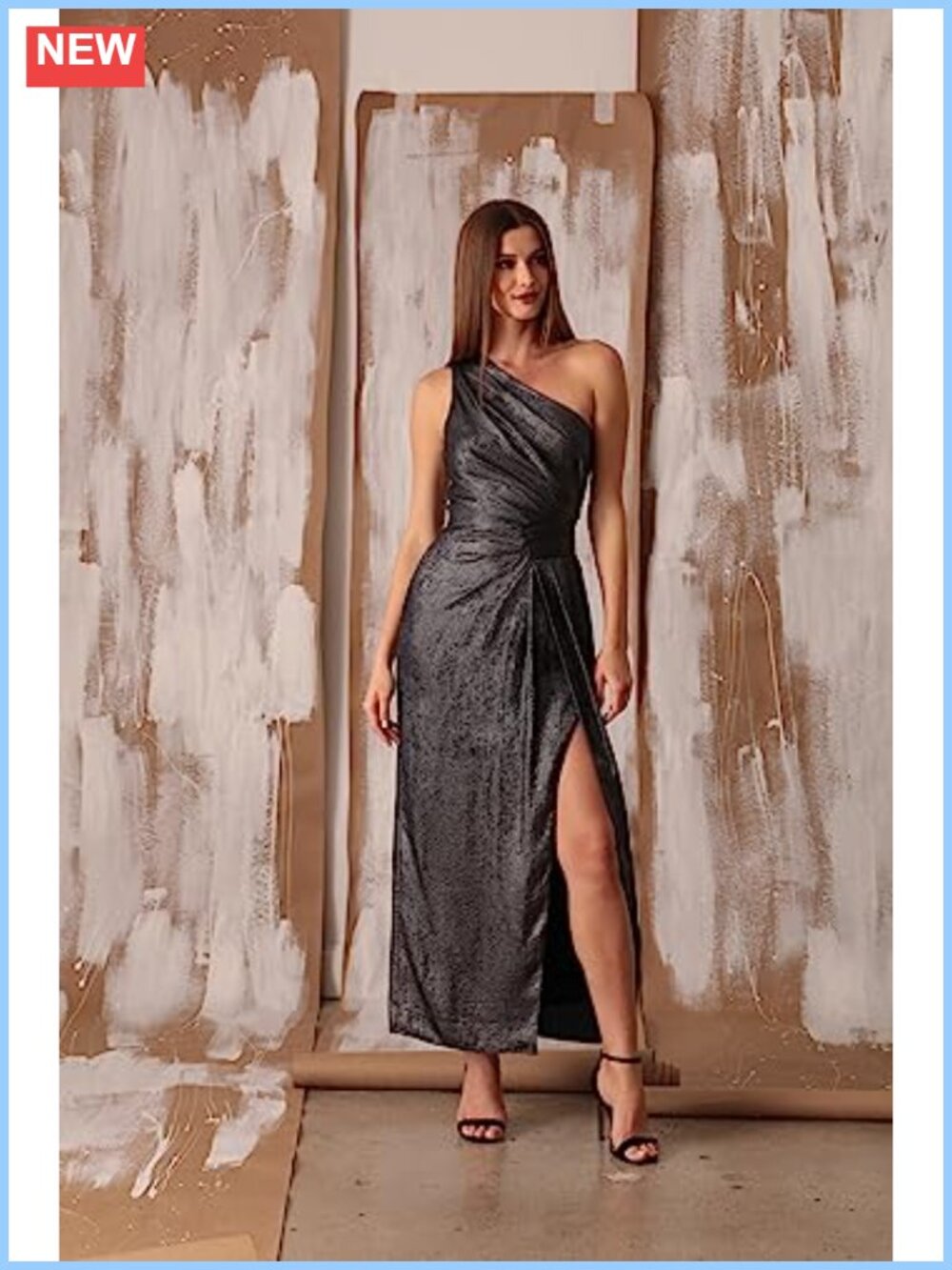 One Shoulder Sleeveless Maxi Dress with High Slit - Mercury Satin Cocktail Party - Picture 2 of 6